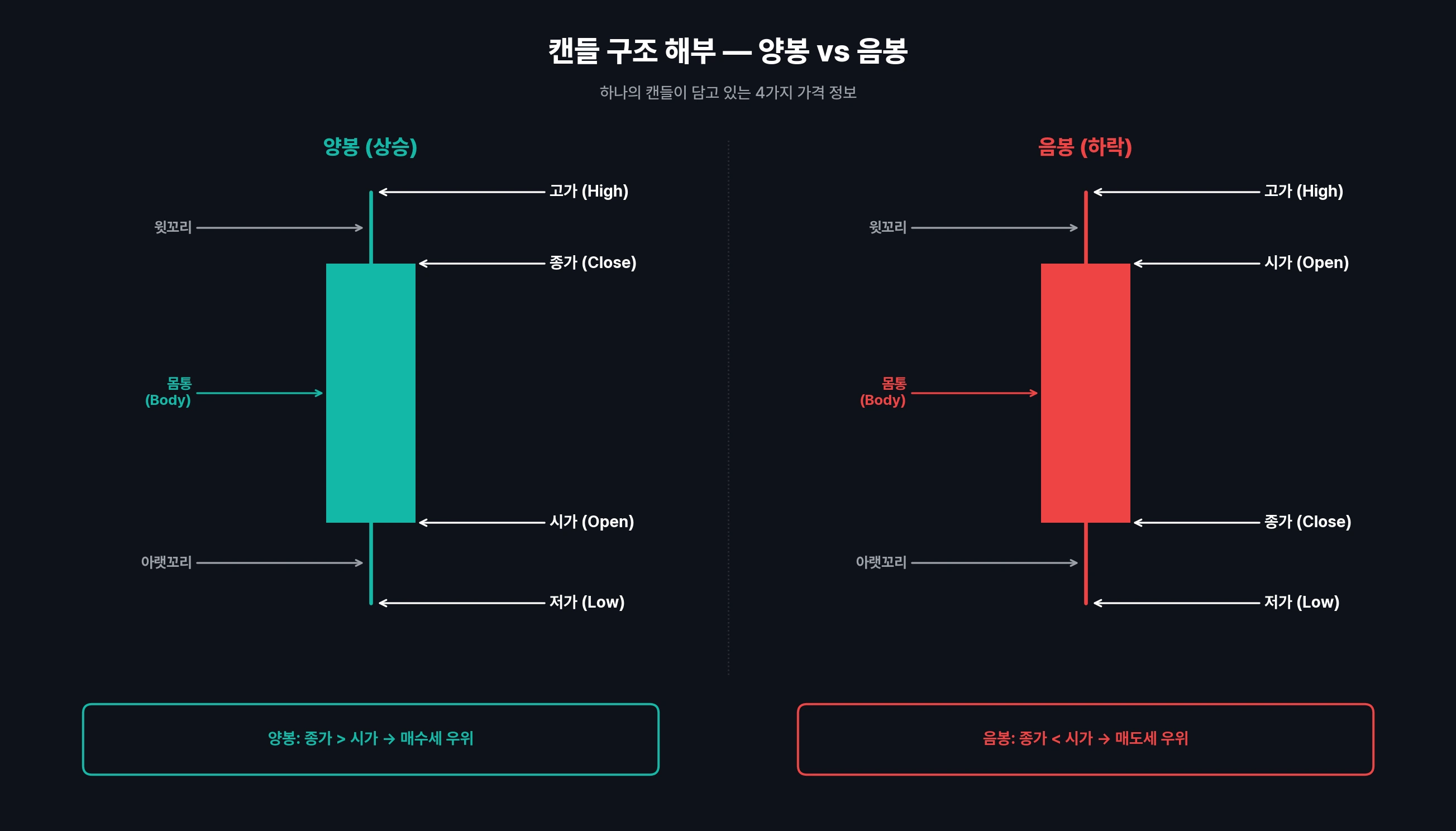 캔들 구조 해부 — 양봉·음봉 몸통과 꼬리 설명 차트